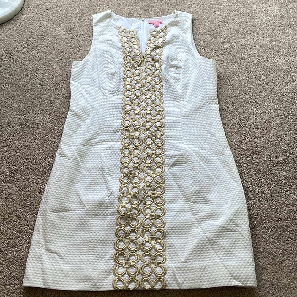 Lilly Pulitzer white and gold dress.